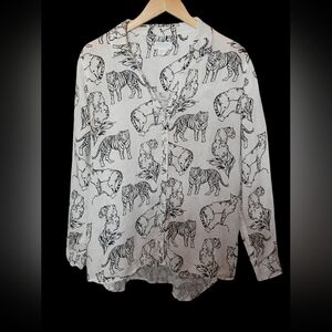 Cynthia Rowley 100%linen tiger print button up white top size Large Blouse